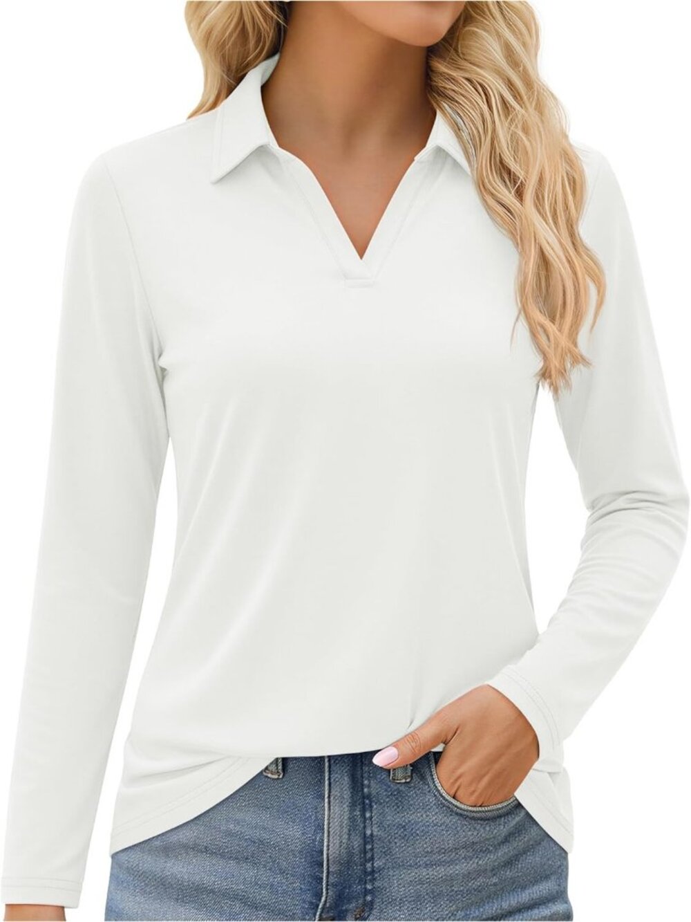 Women's White V Neck UPF 50+ Long Sleeve Polo Shirt Quick Dry Workout Tennis Top